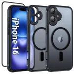 Case for iPhone 16 CASE for MagSafe Matte Black Magnetic + 5D Glass