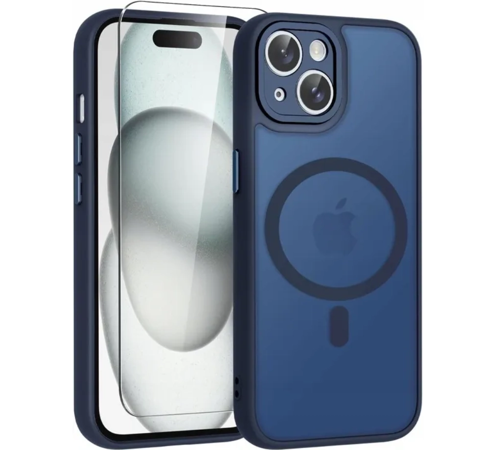 iphone-15-blue-case Case for iPhone 15 for MagSafe REINFORCED 360° BLUE MAT + Glass for screen - Image 1