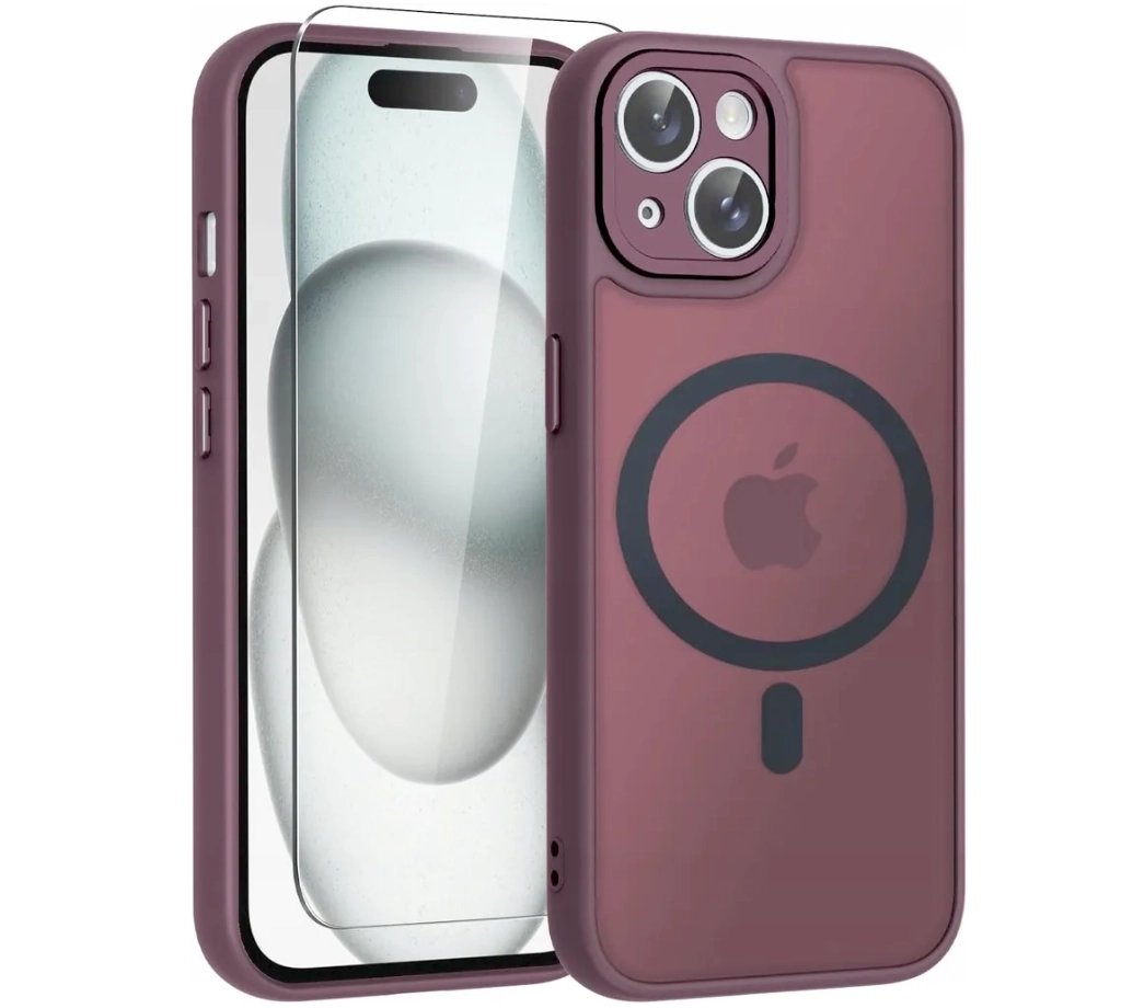 iphone-15-burg-case Case for iPhone 15 for MagSafe REINFORCED 360° BURGUNDY MAT + Glass for screen - Image 1