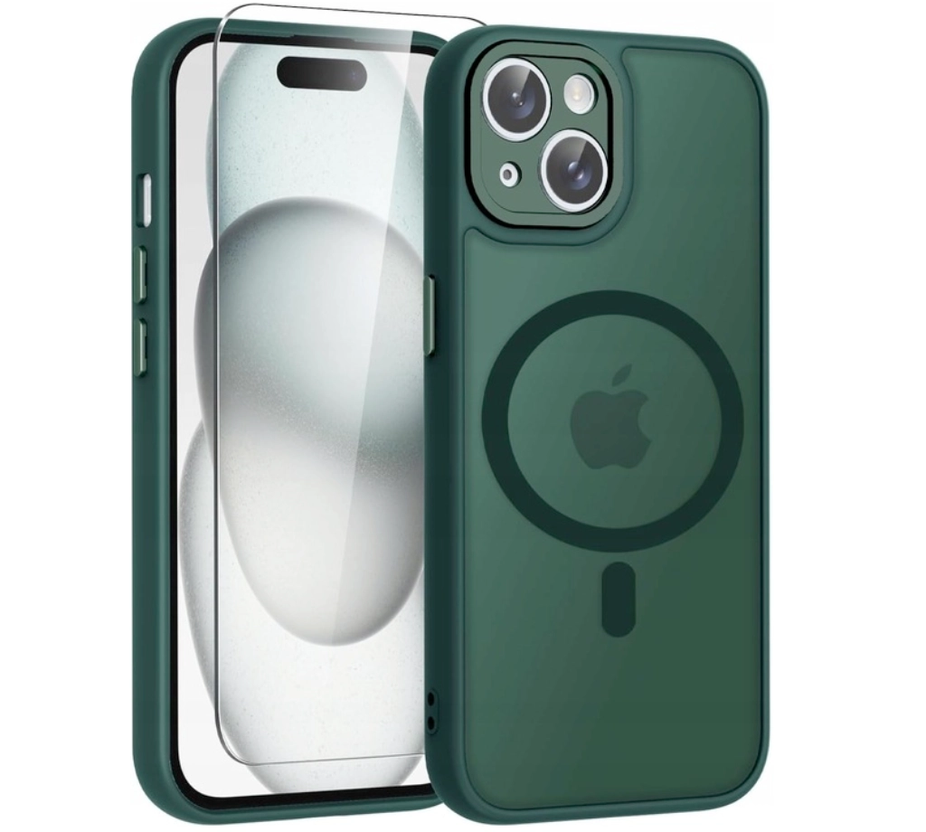 iphone-15-green-case Case for iPhone 15 for MagSafe REINFORCED 360° GREEN MAT + Glass for screen - Image 1
